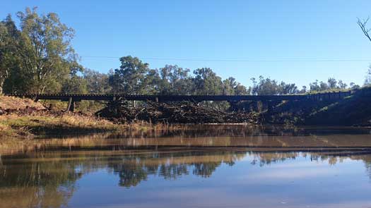 Bridge with large pile of logs