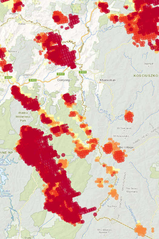 Map showing widespread fires.