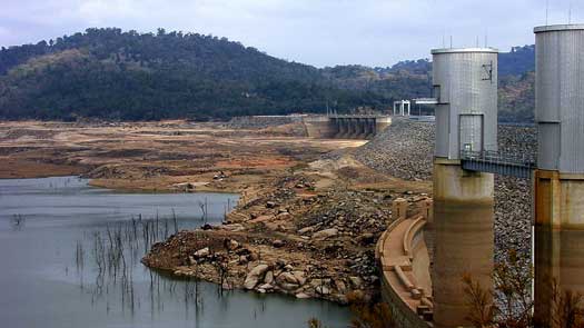 Low water levels behind the dam