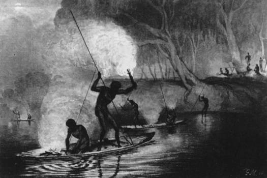 Drawing of people spearfishing at night from canoes