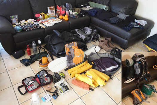 Camping and kayaking gear spread out