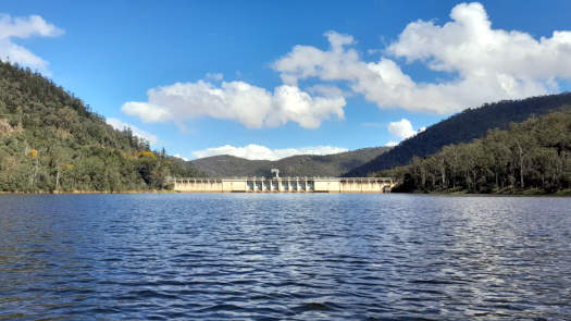 looking across the lake at a dam