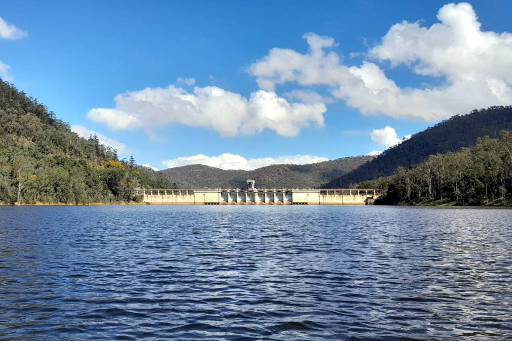 looking across the lake at a dam