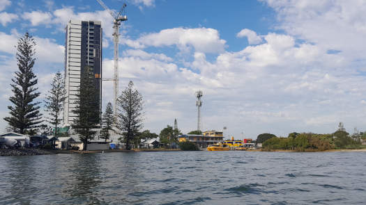 buildings and life guard boat